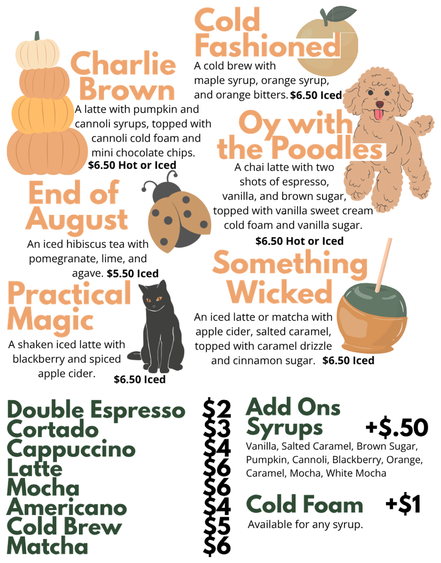 Mash Bill Coffee fall Pop-Up menu: Charlie Brown, Cold Fashioned, Oy with the Poodles, Something Wicked, End of August, and Practical Magic lattes and drinks, plus a standard espresso and matcha menu, syrups, and cold foam add-ons
